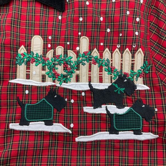 VTG Karen Scott XL Red Plaid Button-Up Shirt Christmas Embroidered Scottie Dogs - Picture 5 of 14